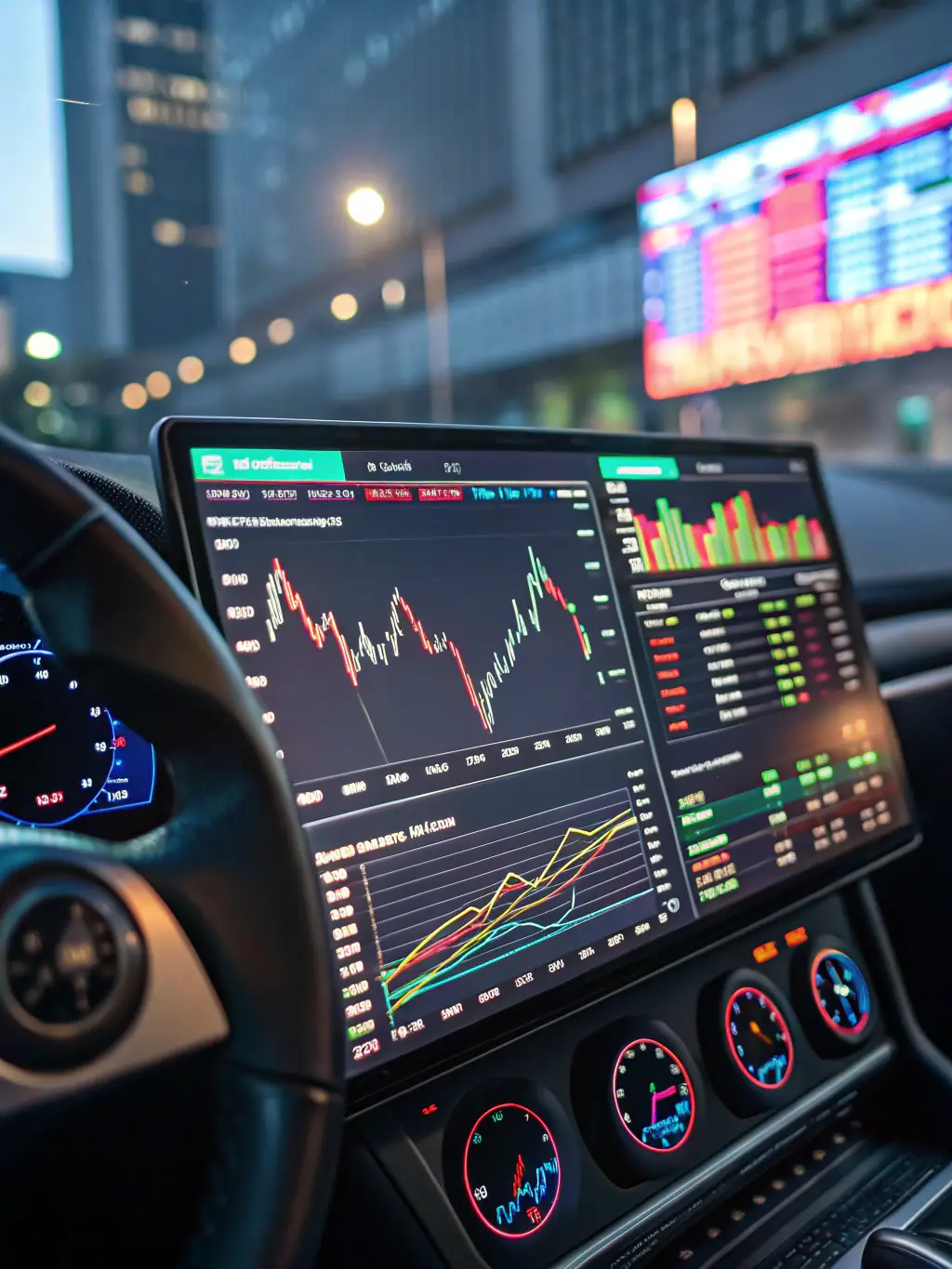 A digital dashboard displaying real-time stock market data with interactive charts and graphs, highlighting the dynamic nature of trading.