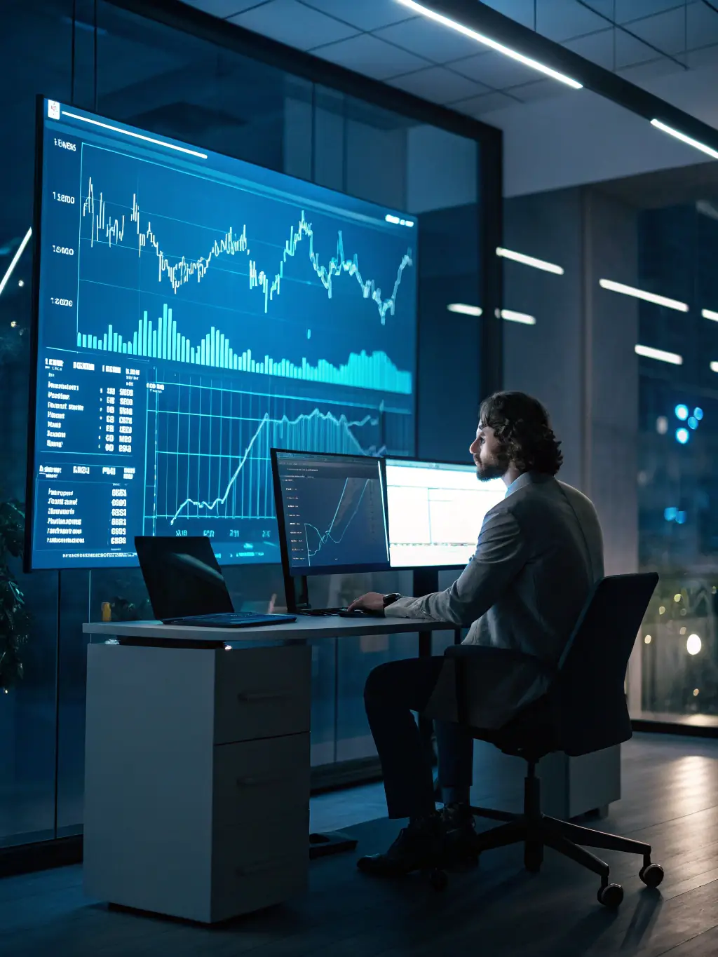 A professional analyst is reviewing a complex market trend chart on a large monitor in a modern office setting, emphasizing data analysis and strategic thinking.