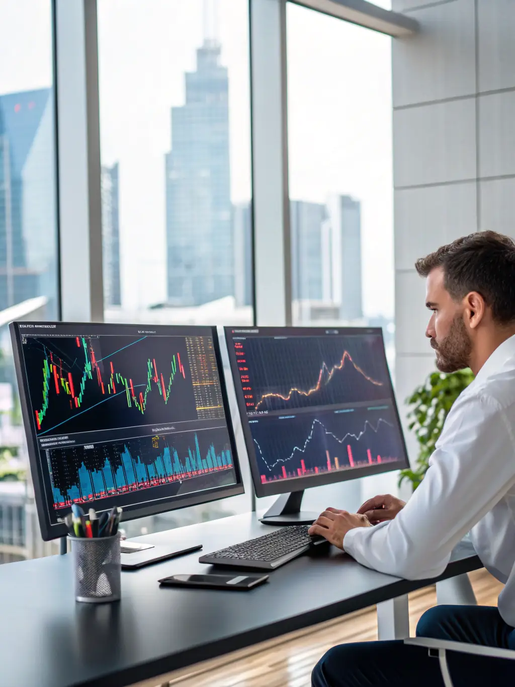 A professional analyst using a sophisticated market analysis tool on a computer, displaying real-time data and interactive charts.