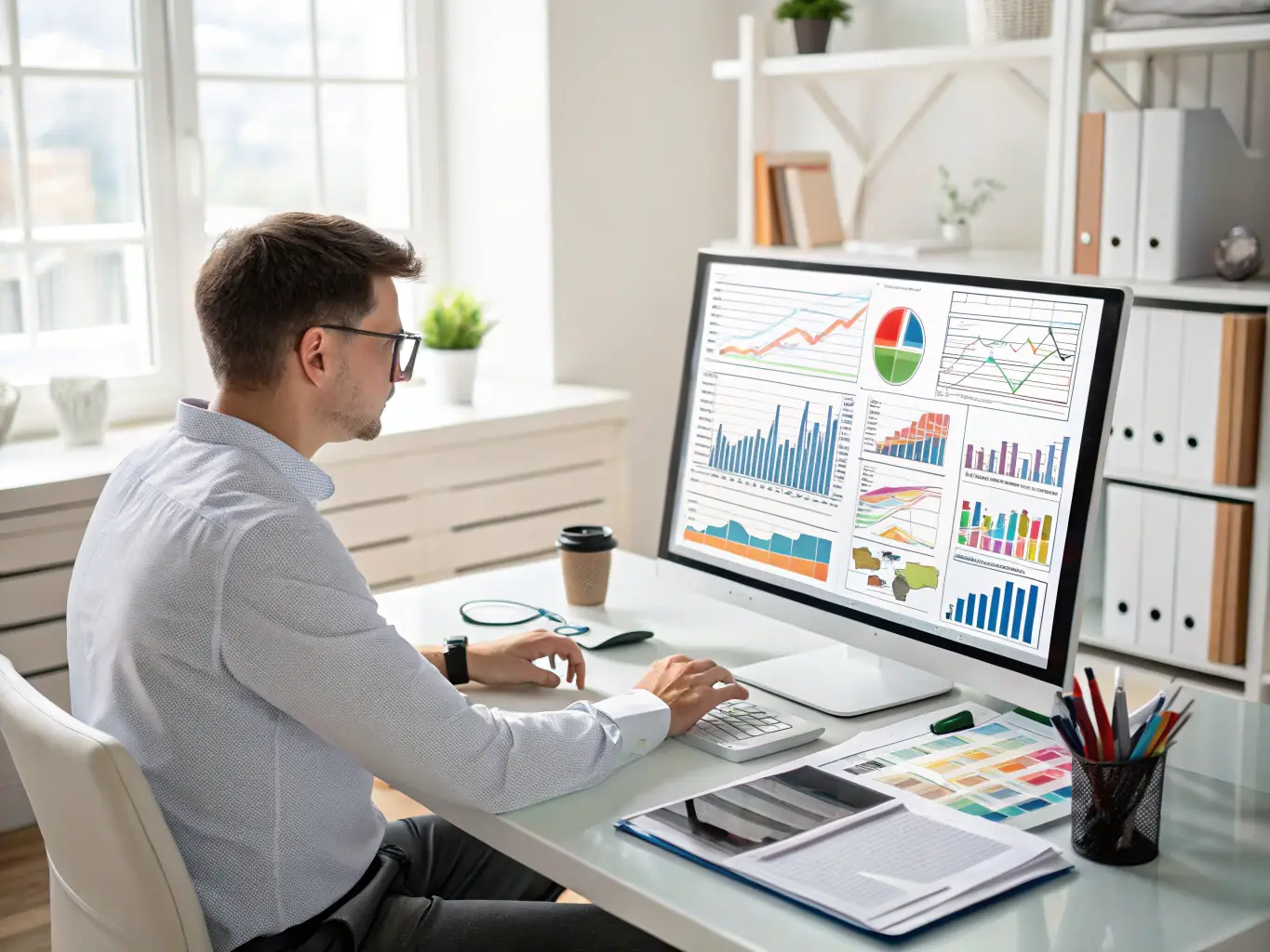 An image of a professional analyst reviewing market data on multiple screens with charts and graphs, representing the Business Review Analysis service.