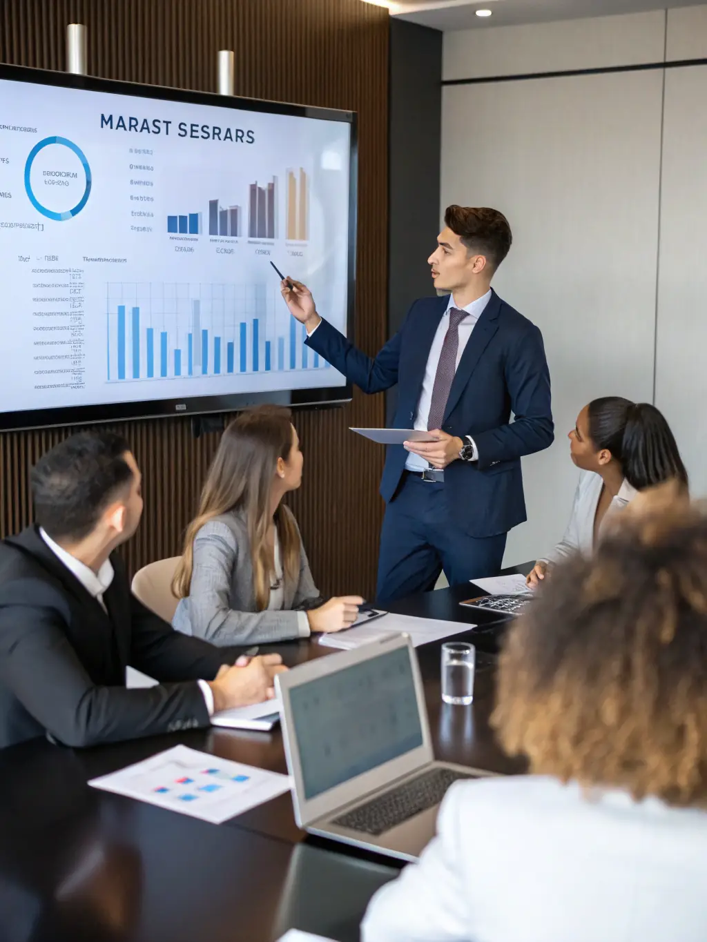 An image of a consultant presenting a market analysis report to a team, showcasing collaboration and data-driven decision-making.